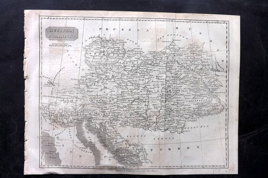 Glasgow Geography 1825 Antique Map. Austrian Dominions: Copper Engraved Map Published 1825, Glasgow for "The Glasgow Geography?" by Several Literary Gentleman. Folds as issued. .Paper Size: 11 x 8 inch (28 x 21cm) Very minor toning/offsetting. Good Conditi