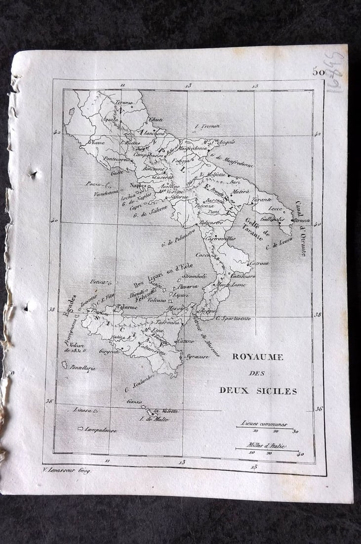 Levasseur, Victor 1838 Antique Map. Royaume des Deux Siciles. Naples, Sicile Sicily Italy: Antique Steel Engraved Map Published 1838, Paris for "Atlas Classique Universel de Geographie ancienne e moderne" by Victor Levasseur. Paper Size: 5.5 x 4.25 inch (14 x 11cm) Good Condition