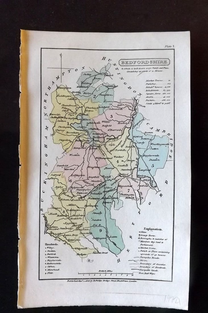 Capper, Benjamin 1808 Hand Col British County Map. Bedfordshire: Antique Copper Engraved Map Published 1808 by Richard Philips, London for "A Topographical Dictionary of the United Kingdom" First Edition by Benjamin Pitts Capper. Fine hand colour as issued. Paper