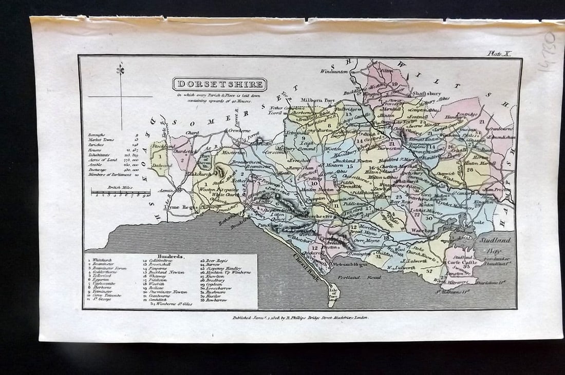 Capper, Benjamin 1808 Hand Col British County Map. Dorsetshire: Antique Copper Engraved Map Published 1808 by Richard Philips, London for "A Topographical Dictionary of the United Kingdom" First Edition by Benjamin Pitts Capper. Fine hand colour as issued. Paper
