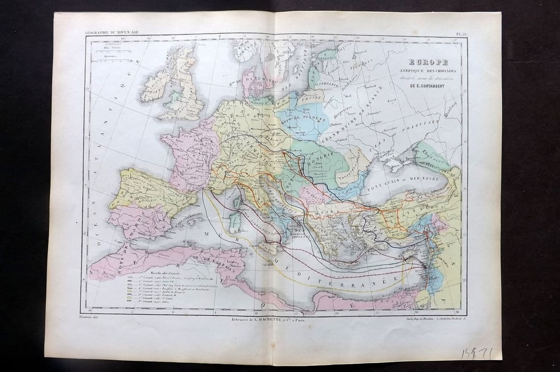 Cortambert, Eugene 1852 Hand Col Map. Europe a lepoque des Croisades. Crusades 21: Antique Steel Engraved Map Published 1852, Paris for "Nouvel Atlas de Geographie" by Eugene Cortambert. Fine hand colour as issued. Centre fold as published. Paper Size: 13 x 10 inch (33 x 26cm)