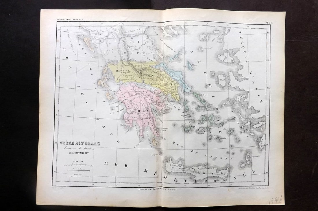 Cortambert, Eugene 1852 Hand Col Map. Grece actuelle. Greece & Islands 54: Antique Steel Engraved Map Published 1852, Paris for "Nouvel Atlas de Geographie" by Eugene Cortambert. Fine hand colour as issued. Centre fold as published. Paper Size: 13 x 10 inch (33 x 26cm)