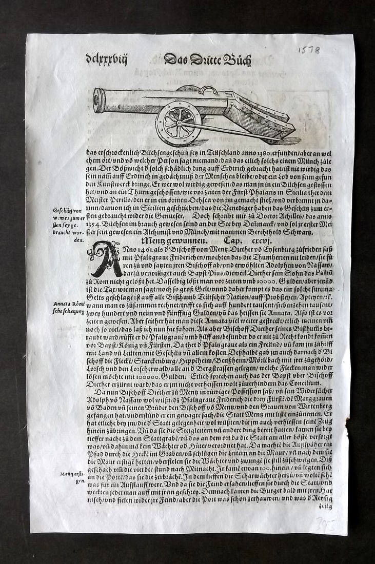Munster, Sebastian 1578 Early Woodcut. Military Cannon: Woodcut Published 1578, Basel for the "Cosmographia" by Sebastian Munster. Printed both sides. Paper Size: 12 x 8 inch (30 x 20cm) Approx. Good Condition