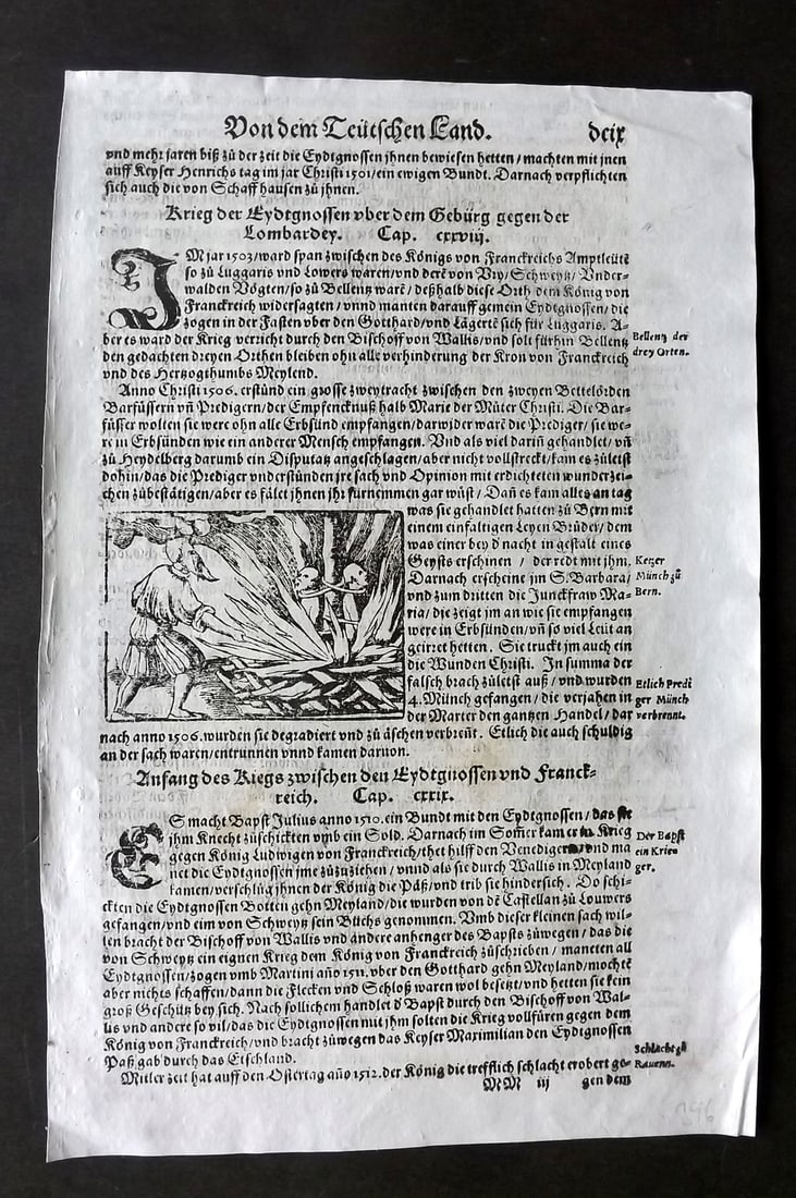 Munster, Sebastian 1578 Early Woodcut. Lombardy. Burning Sacrifice: Woodcut Published 1578, Basel for the "Cosmographia" by Sebastian Munster. Printed both sides. Paper Size: 12 x 8 inch (30 x 20cm) Approx. Good Condition