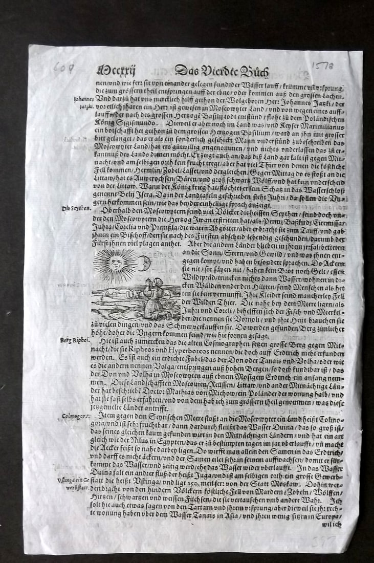 Munster, Sebastian 1578 Early Woodcut. Russia Muscovy Northern Lights & Honey Tree. Celestial: Woodcut Published 1578, Basel for the "Cosmographia" by Sebastian Munster. Printed both sides. Paper Size: 12 x 8 inch (30 x 20cm) Approx. Good Condition