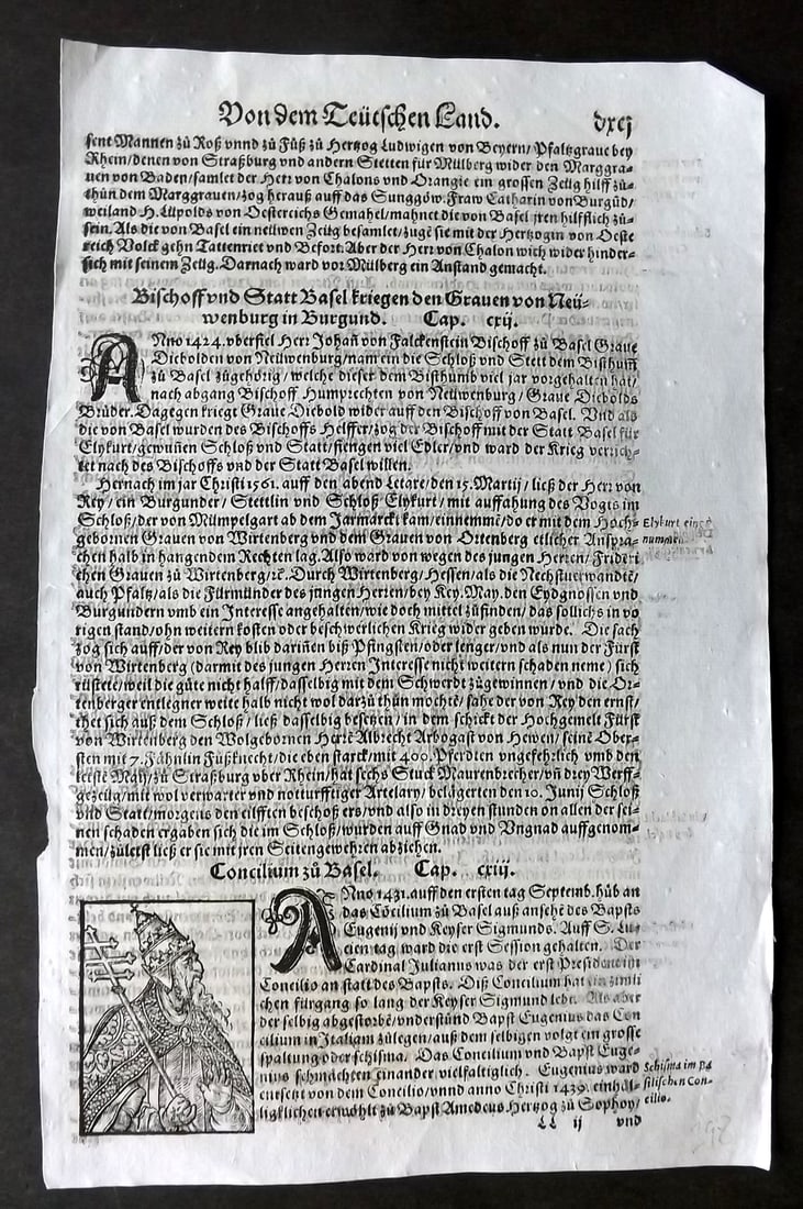 Munster, Sebastian 1578 Early Woodcut. Germany & Pope/Bishop: Woodcut Published 1578, Basel for the "Cosmographia" by Sebastian Munster. Printed both sides. Paper Size: 12 x 8 inch (30 x 20cm) Approx. Good Condition