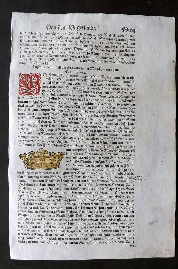 Munster, Sebastian 1588 Early Hand Col Woodcut. Hungary, Crown (1 of 2)