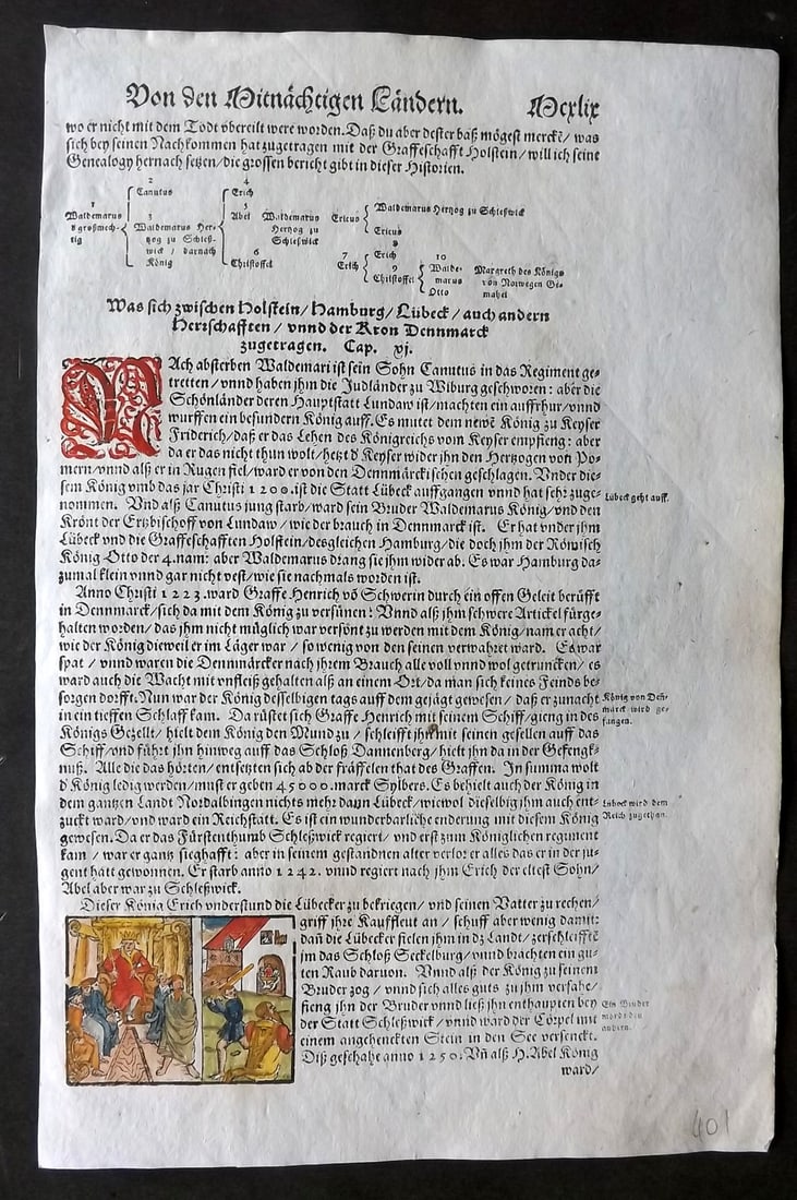 Munster, Sebastian 1588 Early Hand Col Woodcut. German or Scandinavian King: Woodcut Published 1588, Basel for the "Cosmographia" by Sebastian Munster. Printed both sides. Paper Size: 12 x 8 inch (31 x 20cm) Approx. Good Condition