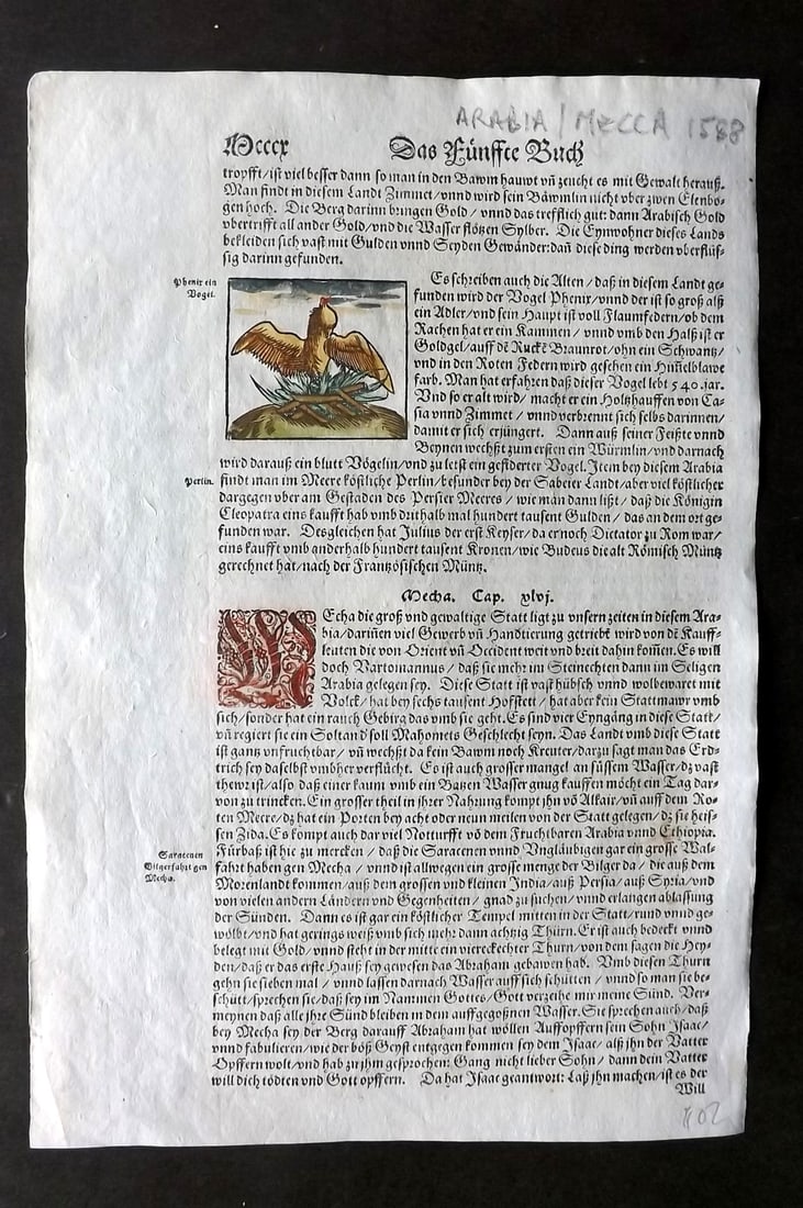 Munster, Sebastian 1588 Early Hand Col Woodcut. Arabia Mecca Falcon (1 of 2)