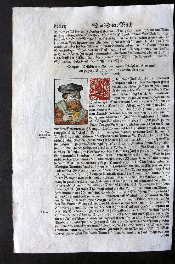 Munster, Sebastian 1588 Early Hand Col Woodcut. Bearded man of Feldkirch, Austria: Woodcut Published 1588, Basel for the "Cosmographia" by Sebastian Munster. Printed both sides. Paper Size: 12 x 8 inch (31 x 20cm) Approx. Good Condition