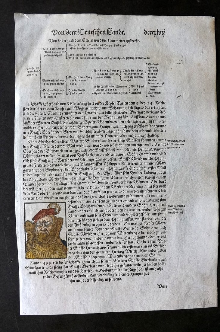Munster, Sebastian 1588 Early Hand Col Woodcut. Portrait of Duke of W?rttemberg, Germany: Woodcut Published 1588, Basel for the "Cosmographia" by Sebastian Munster. Printed both sides. Paper Size: 12 x 8 inch (31 x 20cm) Approx. Good Condition