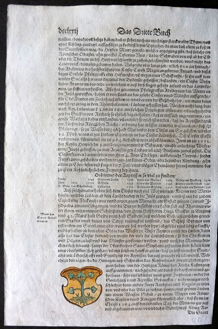 Munster, Sebastian 1588 Early Hand Col Woodcut. Coat of Arms (1 of 2)