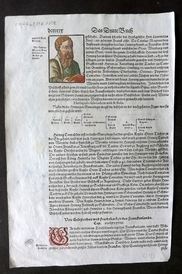 Munster, Sebastian 1588 Early Hand Col Woodcut. Portrait of Laurentius Frisch, Charlemagne: Woodcut Published 1588, Basel for the "Cosmographia" by Sebastian Munster. Printed both sides. Paper Size: 12 x 8 inch (31 x 20cm) Approx. Good Condition