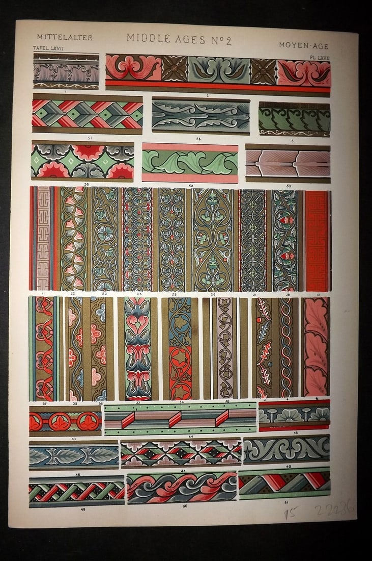 Jones, Owen 1910 Folio Architectural Design Print.Middle Ages No. 2: Chromolithograph Published 1910 by Bernard Quaritch, London for "The Grammar of Ornament" by Owen Jones. Paper Size: 13 x 9 inch (33 x 23cm) Good Condition