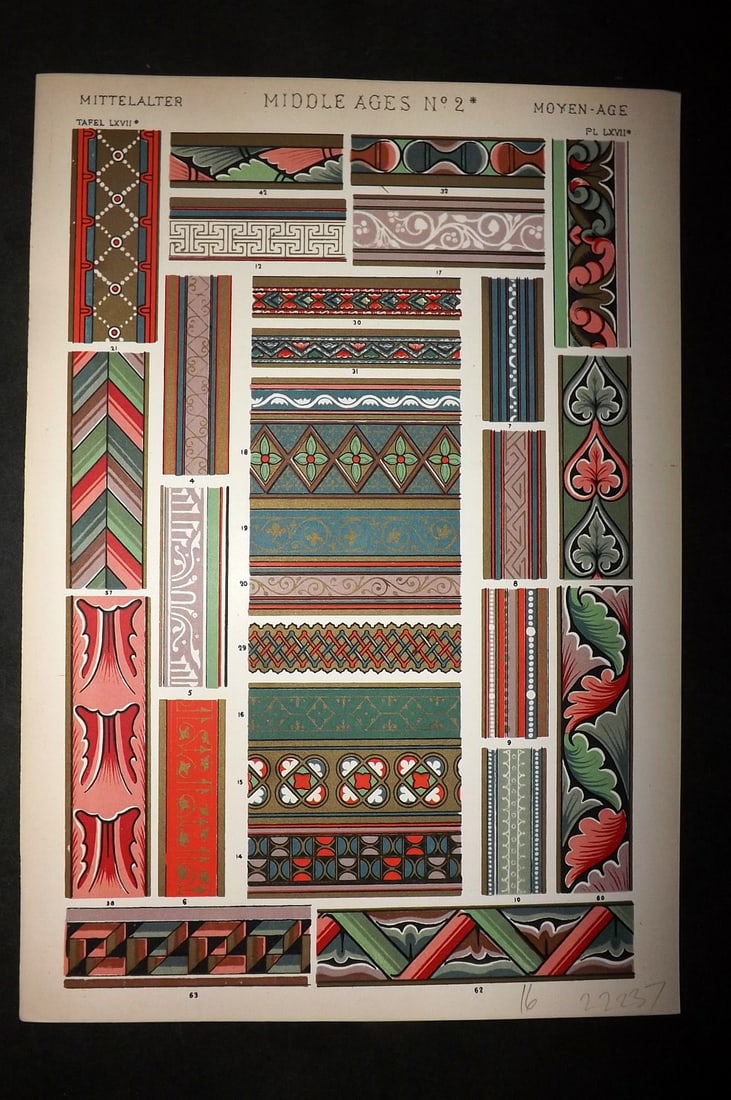 Jones, Owen 1910 Folio Architectural Design Print.Middle Ages No. 2*: Chromolithograph Published 1910 by Bernard Quaritch, London for "The Grammar of Ornament" by Owen Jones. Paper Size: 13 x 9 inch (33 x 23cm) Good Condition