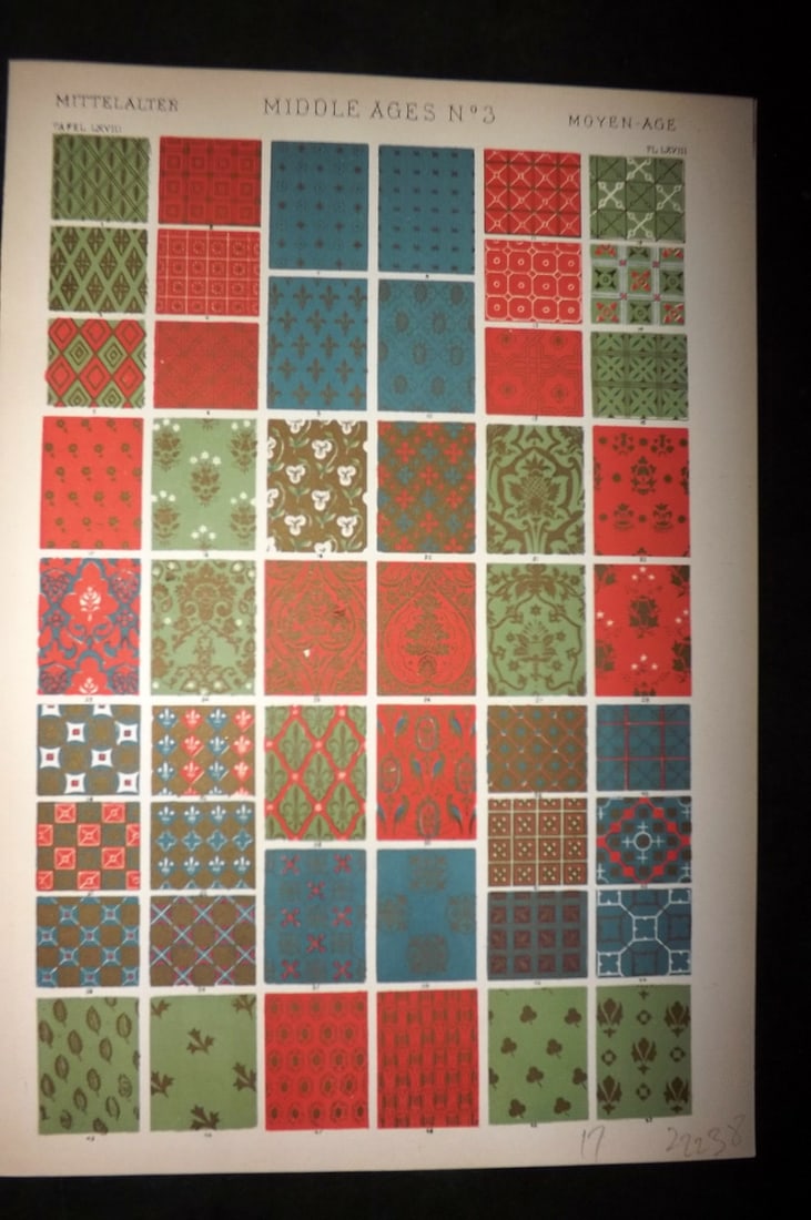 Jones, Owen 1910 Folio Architectural Design Print.Middle Ages No. 3: Chromolithograph Published 1910 by Bernard Quaritch, London for "The Grammar of Ornament" by Owen Jones. Paper Size: 13 x 9 inch (33 x 23cm) Good Condition