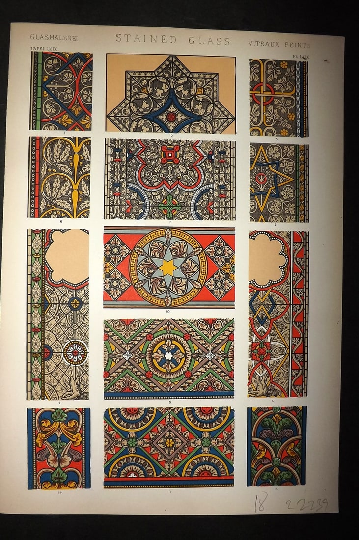 Jones, Owen 1910 Folio Architectural Design Print.Stained Glass PL 69: Chromolithograph Published 1910 by Bernard Quaritch, London for "The Grammar of Ornament" by Owen Jones. Paper Size: 13 x 9 inch (33 x 23cm) Good Condition