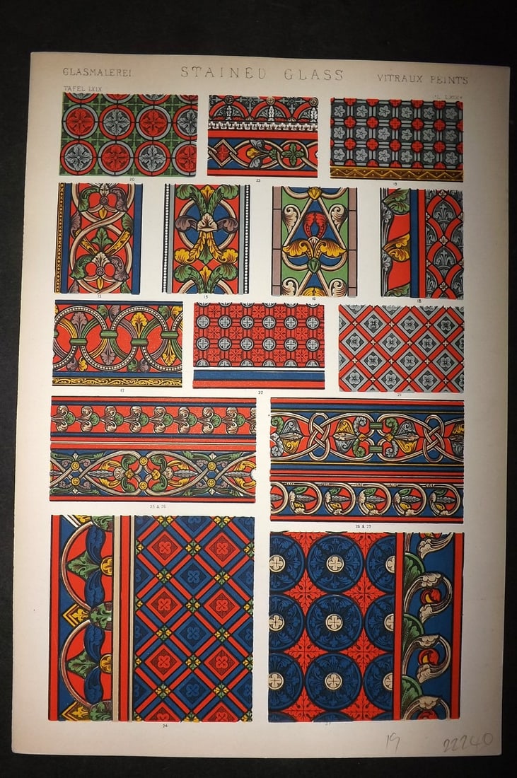 Jones, Owen 1910 Folio Architectural Design Print.Stained Glass PL 69*: Chromolithograph Published 1910 by Bernard Quaritch, London for "The Grammar of Ornament" by Owen Jones. Paper Size: 13 x 9 inch (33 x 23cm) Good Condition