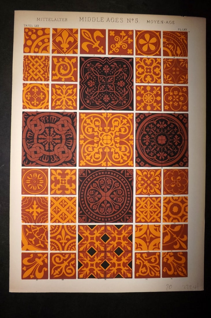 Jones, Owen 1910 Folio Architectural Design Print.Middle Ages No.5: Chromolithograph Published 1910 by Bernard Quaritch, London for "The Grammar of Ornament" by Owen Jones. Paper Size: 13 x 9 inch (33 x 23cm) Good Condition