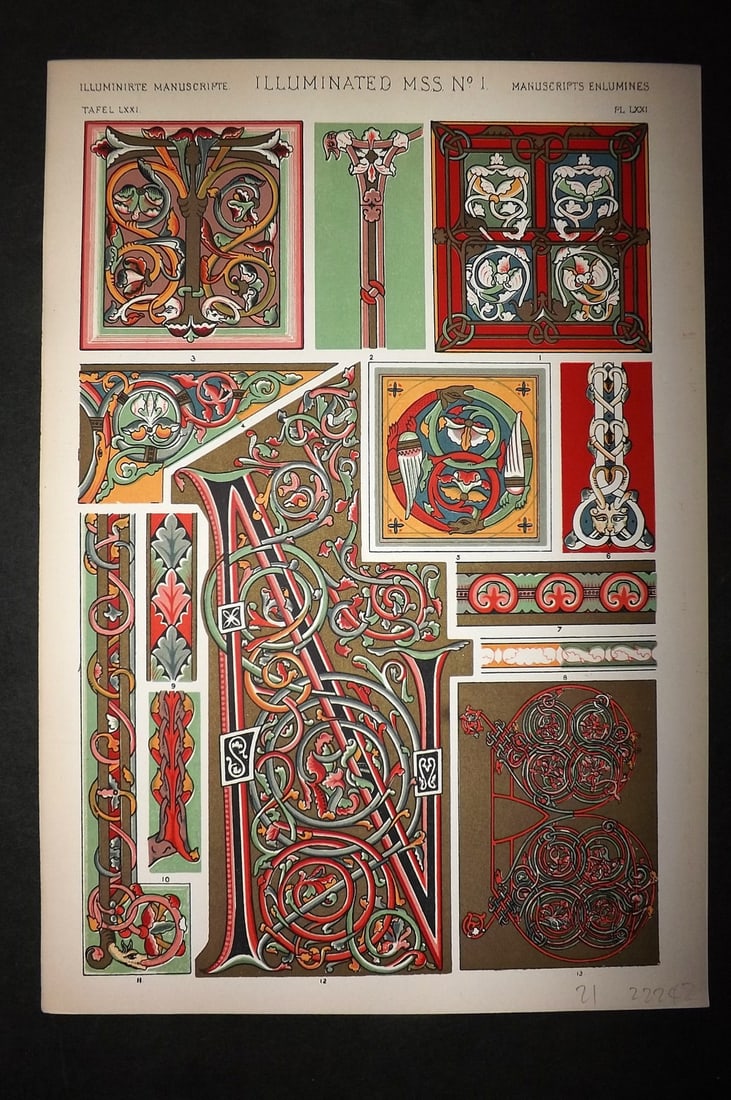 Jones, Owen 1910 Folio Architectural Design Print.Illumintated Manuscript No. 1: Chromolithograph Published 1910 by Bernard Quaritch, London for "The Grammar of Ornament" by Owen Jones. Paper Size: 13 x 9 inch (33 x 23cm) Good Condition