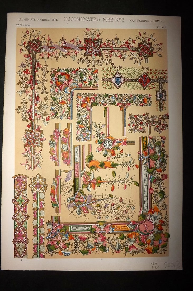Jones, Owen 1910 Folio Architectural Design Print.Illumintated Manuscript No. 2: Chromolithograph Published 1910 by Bernard Quaritch, London for "The Grammar of Ornament" by Owen Jones. Paper Size: 13 x 9 inch (33 x 23cm) Good Condition