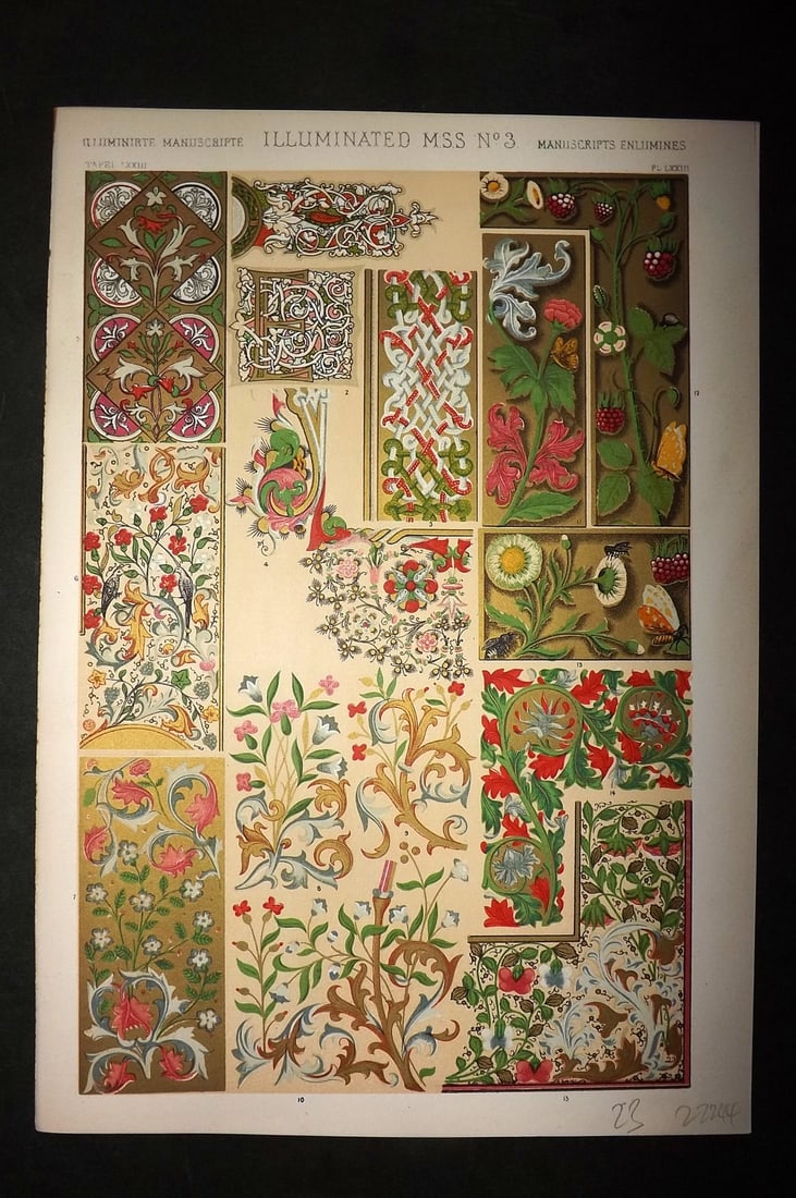 Jones, Owen 1910 Folio Architectural Design Print.Illumintated Manuscript No. 3: Chromolithograph Published 1910 by Bernard Quaritch, London for "The Grammar of Ornament" by Owen Jones. Paper Size: 13 x 9 inch (33 x 23cm) Good Condition