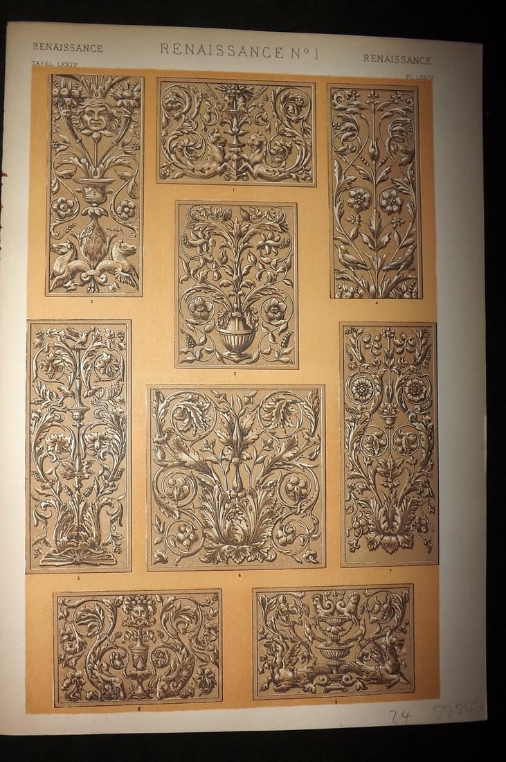 Jones, Owen 1910 Folio Architectural Design Print.Renaissance No. 1: Chromolithograph Published 1910 by Bernard Quaritch, London for "The Grammar of Ornament" by Owen Jones. Paper Size: 13 x 9 inch (33 x 23cm) Good Condition