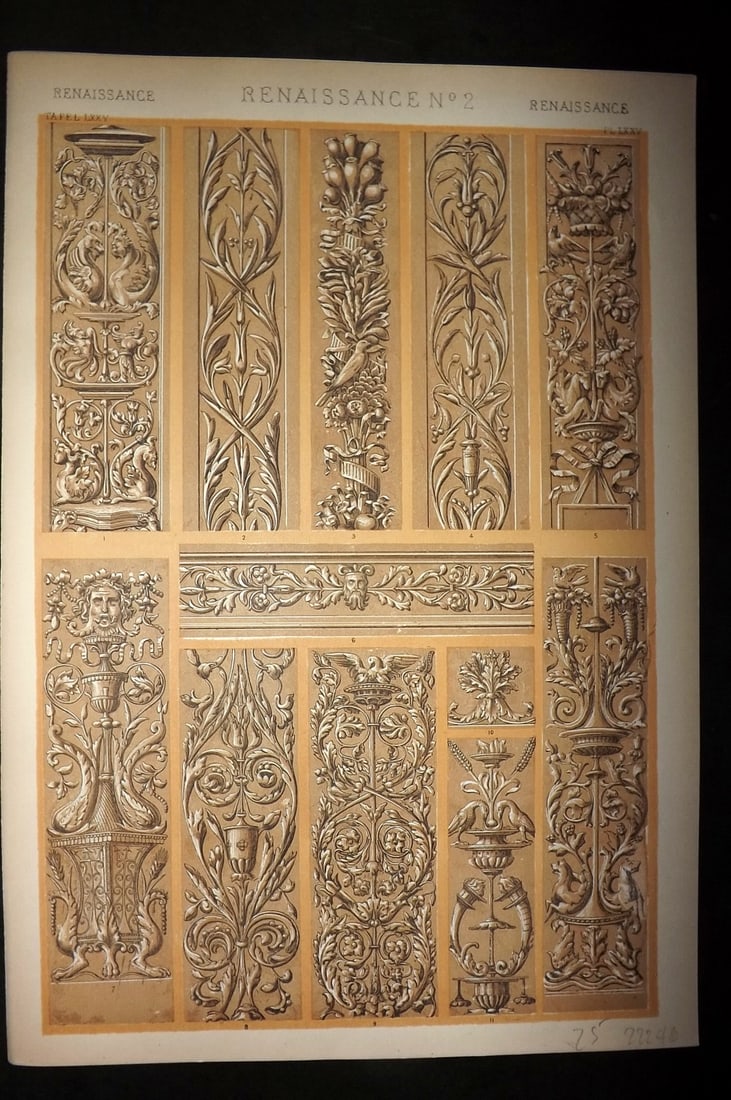 Jones, Owen 1910 Folio Architectural Design Print.Renaissance No. 2: Chromolithograph Published 1910 by Bernard Quaritch, London for "The Grammar of Ornament" by Owen Jones. Paper Size: 13 x 9 inch (33 x 23cm) Good Condition