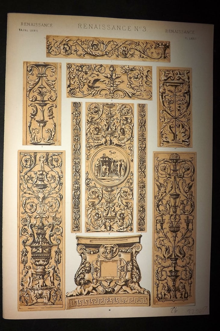 Jones, Owen 1910 Folio Architectural Design Print.Renaissance No. 3: Chromolithograph Published 1910 by Bernard Quaritch, London for "The Grammar of Ornament" by Owen Jones. Paper Size: 13 x 9 inch (33 x 23cm) Good Condition