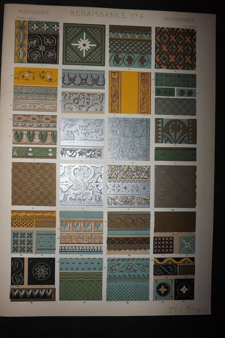 Jones, Owen 1910 Folio Architectural Design Print.Renaissance No. 4: Chromolithograph Published 1910 by Bernard Quaritch, London for "The Grammar of Ornament" by Owen Jones. Paper Size: 13 x 9 inch (33 x 23cm) Good Condition