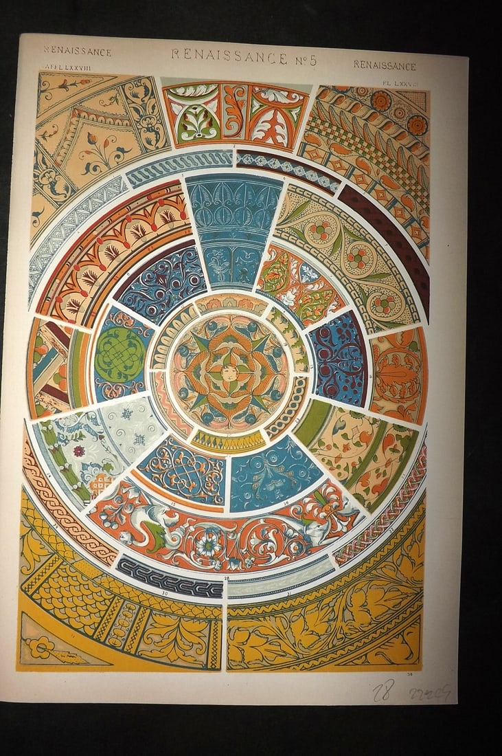 Jones, Owen 1910 Folio Architectural Design Print.Renaissance No. 5: Chromolithograph Published 1910 by Bernard Quaritch, London for "The Grammar of Ornament" by Owen Jones. Paper Size: 13 x 9 inch (33 x 23cm) Good Condition