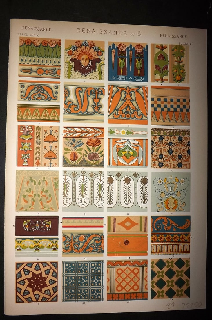 Jones, Owen 1910 Folio Architectural Design Print.Renaissance No. 6: Chromolithograph Published 1910 by Bernard Quaritch, London for "The Grammar of Ornament" by Owen Jones. Paper Size: 13 x 9 inch (33 x 23cm) Good Condition