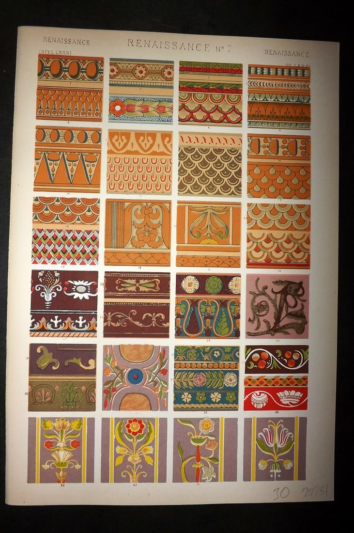 Jones, Owen 1910 Folio Architectural Design Print.Renaissance No. 7: Chromolithograph Published 1910 by Bernard Quaritch, London for "The Grammar of Ornament" by Owen Jones. Paper Size: 13 x 9 inch (33 x 23cm) Good Condition