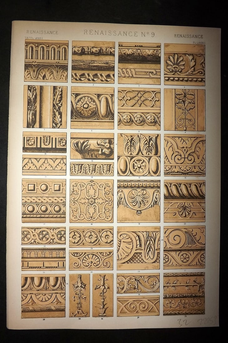 Jones, Owen 1910 Folio Architectural Design Print.Renaissance No. 9: Chromolithograph Published 1910 by Bernard Quaritch, London for "The Grammar of Ornament" by Owen Jones. Paper Size: 13 x 9 inch (33 x 23cm) Good Condition