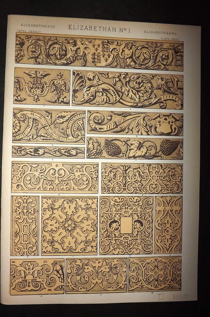 Jones, Owen 1910 Folio Architectural Design Print.Elizabethan No. 1: Chromolithograph Published 1910 by Bernard Quaritch, London for "The Grammar of Ornament" by Owen Jones. Paper Size: 13 x 9 inch (33 x 23cm) Good Condition