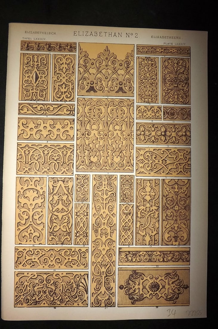 Jones, Owen 1910 Folio Architectural Design Print.Elizabethan No. 2: Chromolithograph Published 1910 by Bernard Quaritch, London for "The Grammar of Ornament" by Owen Jones. Paper Size: 13 x 9 inch (33 x 23cm) Good Condition
