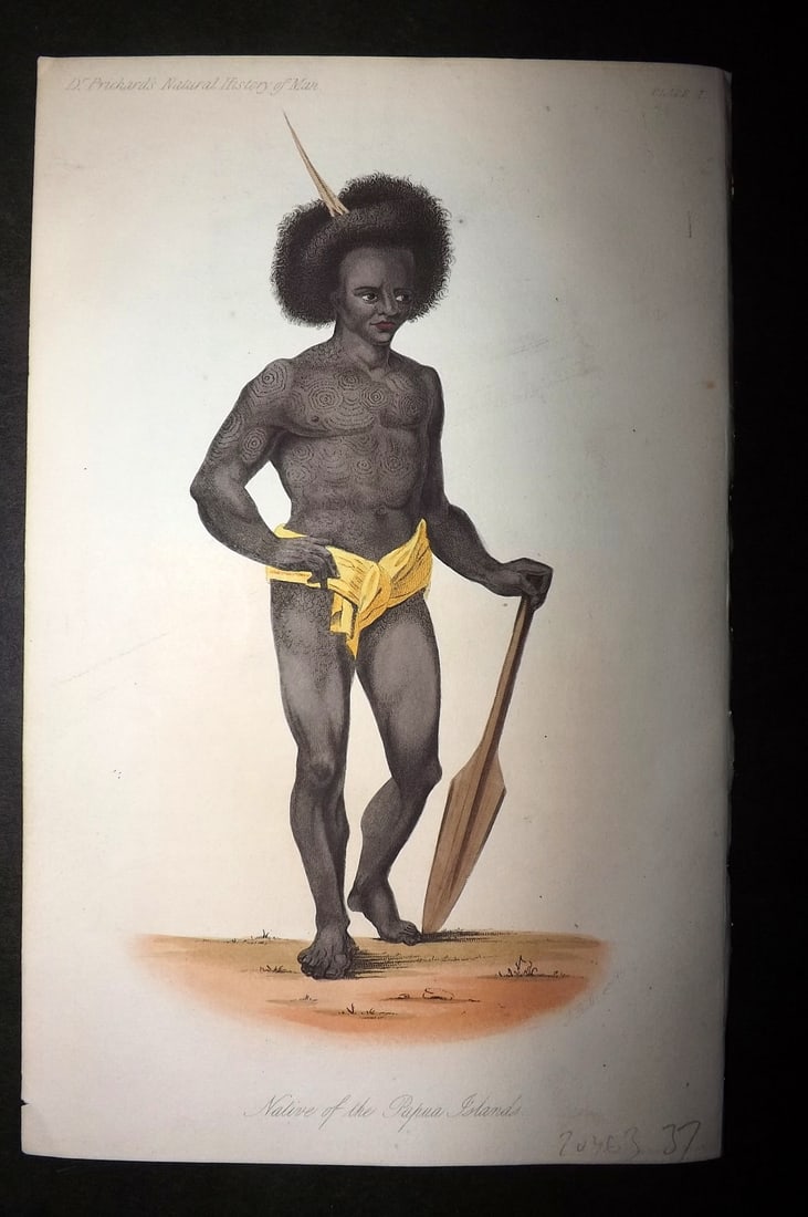 Prichard, James 1848 Hand Col Print. Native of the Papua Islands, Pacific 01: Hand Colored Aquatint Published 1848, London for "The Natural History of Man" by James Cowles Prichard. Fine hand colour as issued. On good quality Whatman Turkey Mill Wove Paper. Paper Size: 8.5 x 5.