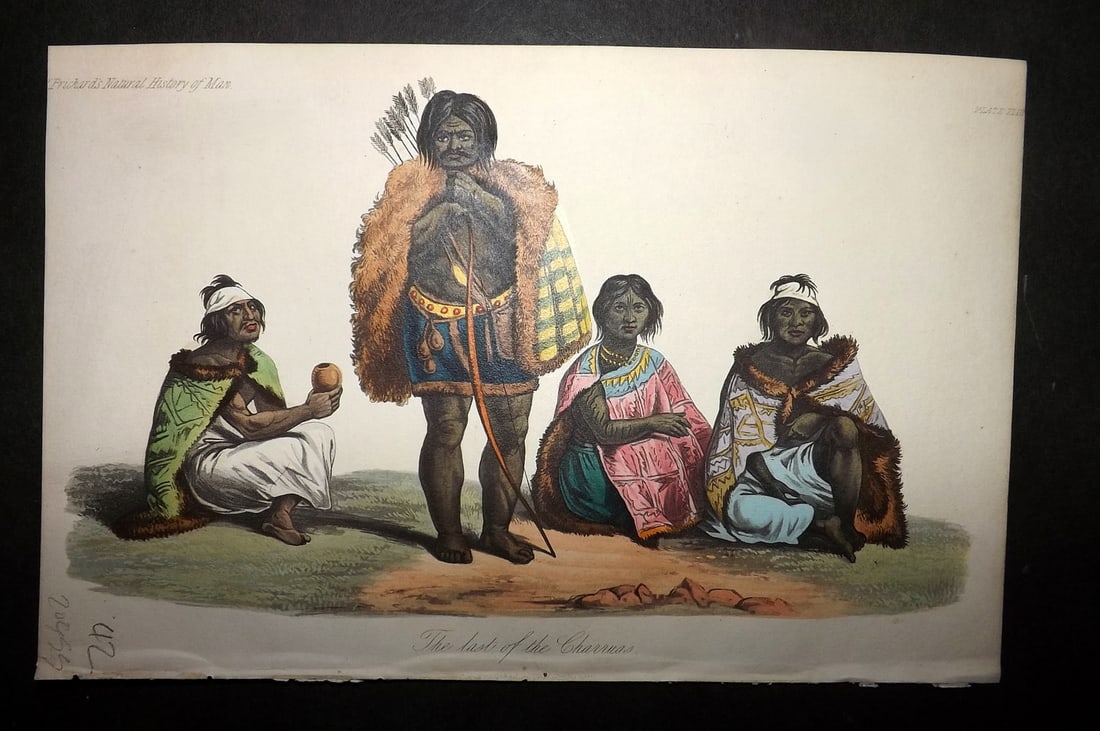 Prichard, James 1848 Hand Col Print. The Last of the Charr?a, Uruguay 43: Hand Colored Aquatint Published 1848, London for "The Natural History of Man" by James Cowles Prichard. Fine hand colour as issued. On good quality Whatman Turkey Mill Wove Paper. Paper Size: 8.5 x 5.