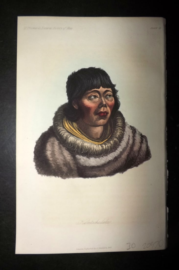 Prichard, James 1848 Hand Col Print. A Kamtschatdale. Russia 09: Hand Colored Aquatint Published 1848, London for "The Natural History of Man" by James Cowles Prichard. Fine hand colour as issued. On good quality Whatman Turkey Mill Wove Paper. Paper Size: 8.5 x 5.