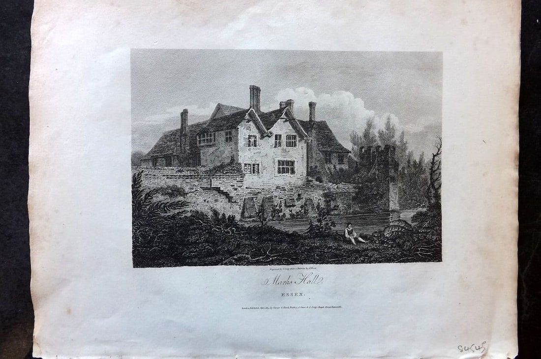 Storer, Greig & Prout 1805 Print. Mark's Hall, Essex: Antique Copper Plate Published 1804-05 by Vernor & Hood, London for "Select Views of London and its Environs..." by J. Storer and J. Greig. Illustrated by Samuel Prout and others. Paper Size: 11.5 x 9
