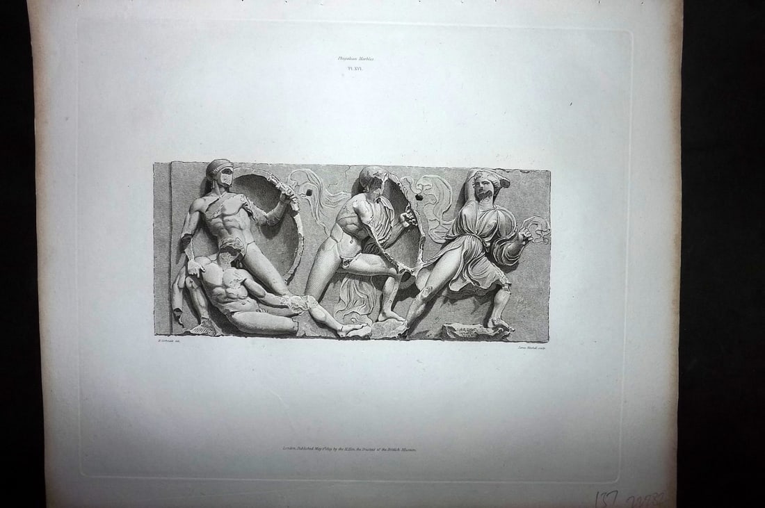 BM Marbles 1820 Bas relief representing Combat between Greeks & Amazons 16: Copper Plate Published 1812-61 [1820], London for "A Description of the Collection of Ancient Marbles in the British Museum" by the British Museum, Department of Greek and Roman Antiquities. Paper Siz