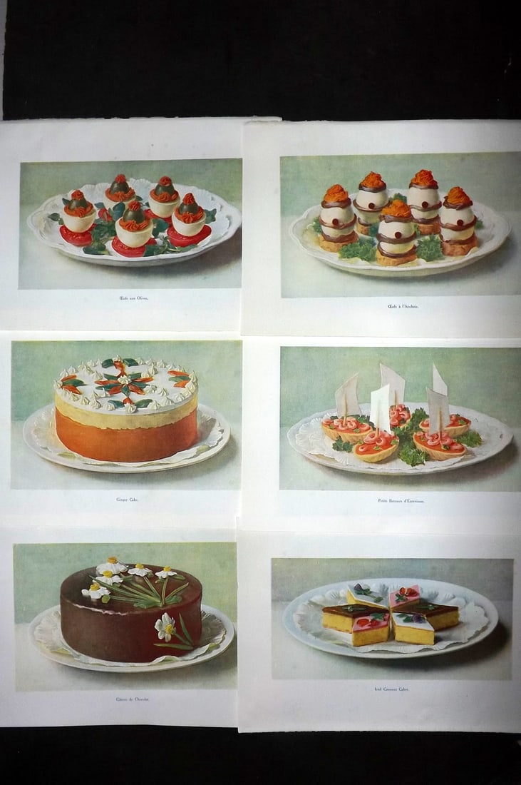 Fairclough, M. A. 1951 Lot of 6 Vintage Food Prints: Offset Lithograph Published 1951, London for "The Ideal Cookery Book" M. A. Fairclough. Paper Size: 10 x 7 inch (26 x 18cm) Good Condition