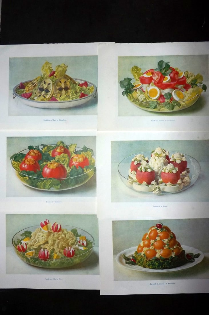 Fairclough, M. A. 1951 Lot of 6 Vintage Food Prints: Offset Lithograph Published 1951, London for "The Ideal Cookery Book" M. A. Fairclough. Paper Size: 10 x 7 inch (26 x 18cm) Good Condition