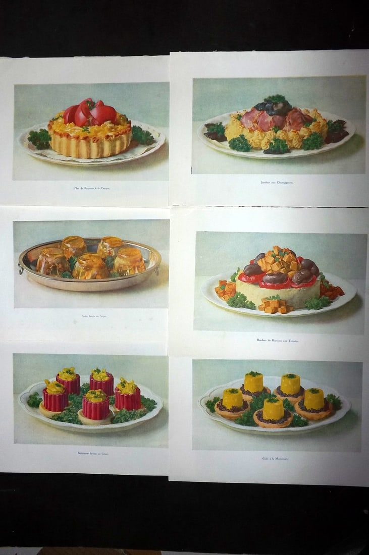 Fairclough, M. A. 1951 Lot of 6 Vintage Food Prints: Offset Lithograph Published 1951, London for "The Ideal Cookery Book" M. A. Fairclough. Paper Size: 10 x 7 inch (26 x 18cm) Good Condition