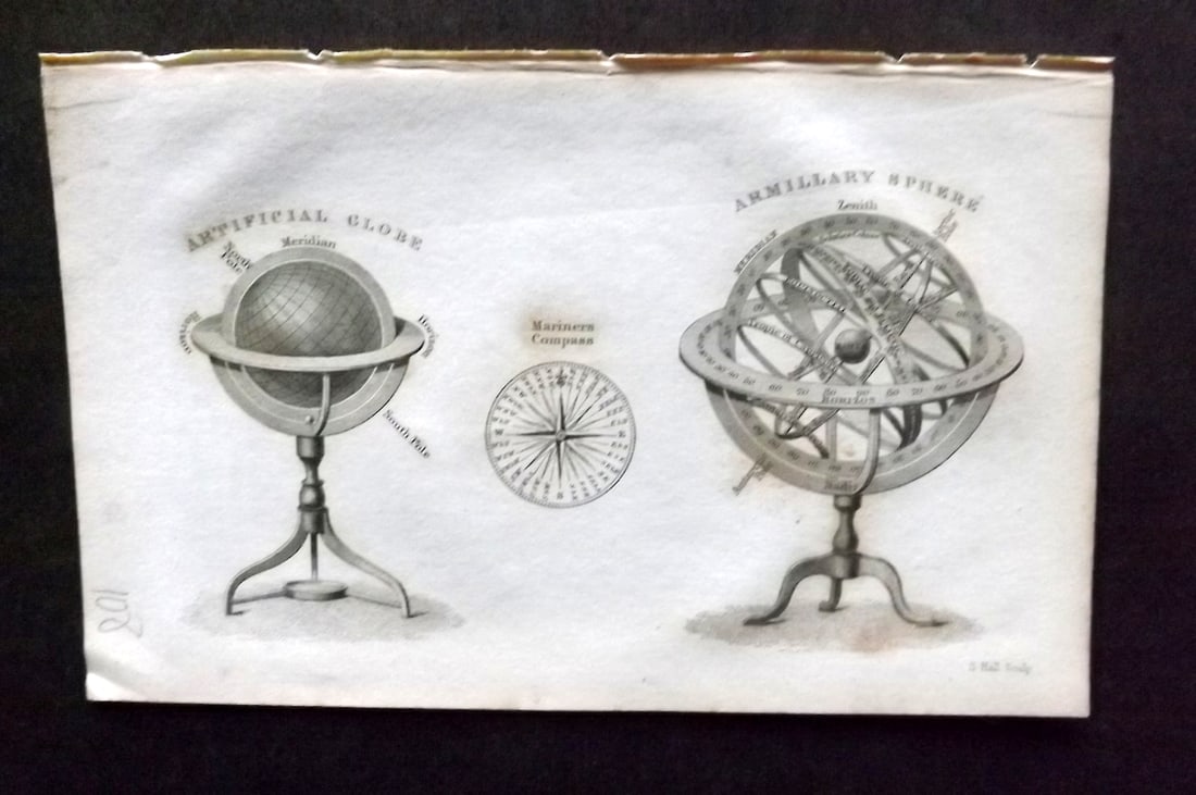 Goldsmith, Rev. C1850 Astronomy Print. Artificial Globe & Armillary Sphere: Steel Engraving Published C1850, London for "A Grammar of General Geography" by the Rev. Goldsmith. Paper Size: 6 x 4 inch (16 x 10cm) Some toning, otherwise fine