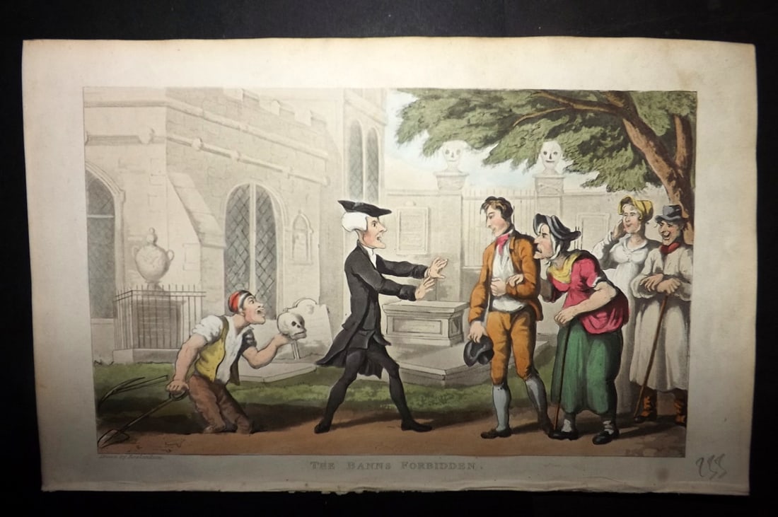 Rowlandson, Thomas 1855 HCol Doctor Syntax Satire Print. The Banns Forbidden: Hand Colored Aquatint Published 1855, London for "The Three Tours of Doctor Syntax" by William Combe. Illustrated by Thomas Rowlandson. Paper Size: 10 x 6 inch (25 x 16cm) Good Condition
