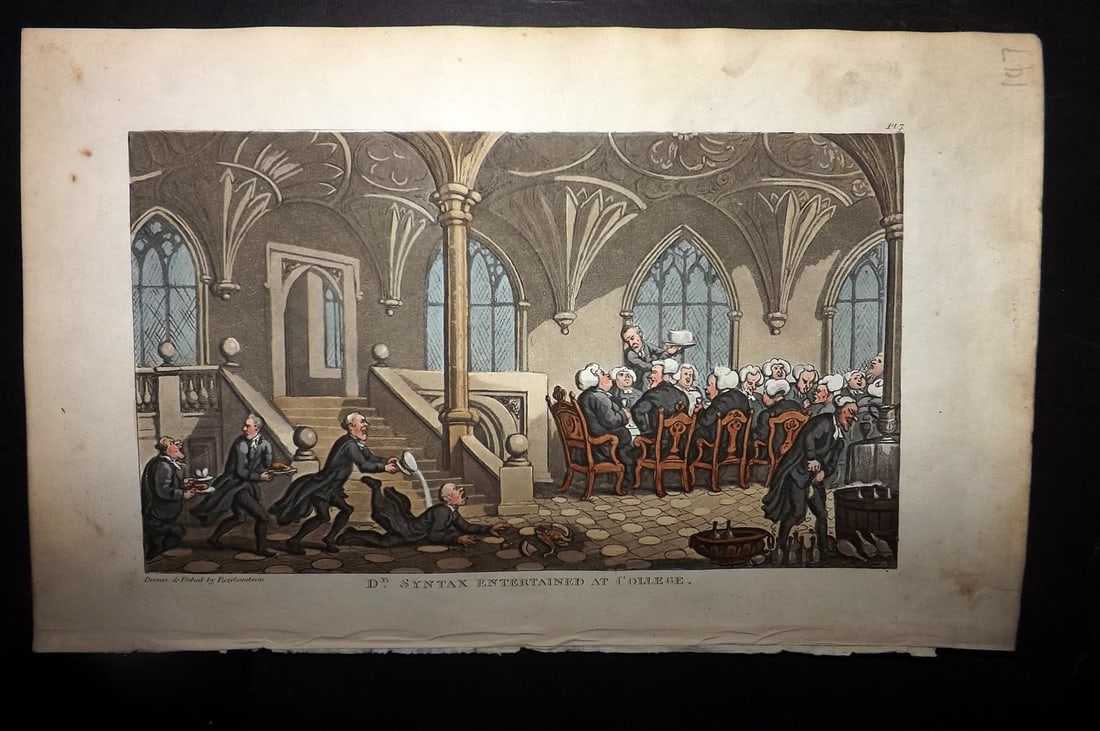 Rowlandson, Thomas 1855 HCol Doctor Syntax Satire Print. Entertained at College: Hand Colored Aquatint Published 1855, London for "The First Tour of Doctor Syntax?" by William Combe. Illustrated by Thomas Rowlandson. Paper Size: 10 x 6 inch (25 x 16cm) Good Condition