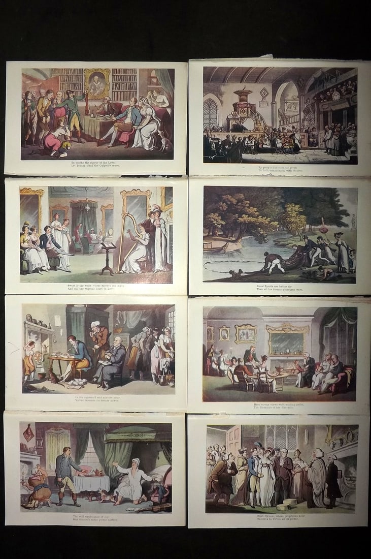 Rowlandson Doctor Syntax 1903 Lot of 8 Satire Prints: Offset Lithograph Published 1903, London for "The Tour of Doctor Syntax" Originally Illustrated yby Thomas Rowlandson. Paper Size: 6.5 x 4 inch (16.5 x 10cm) Good Condition