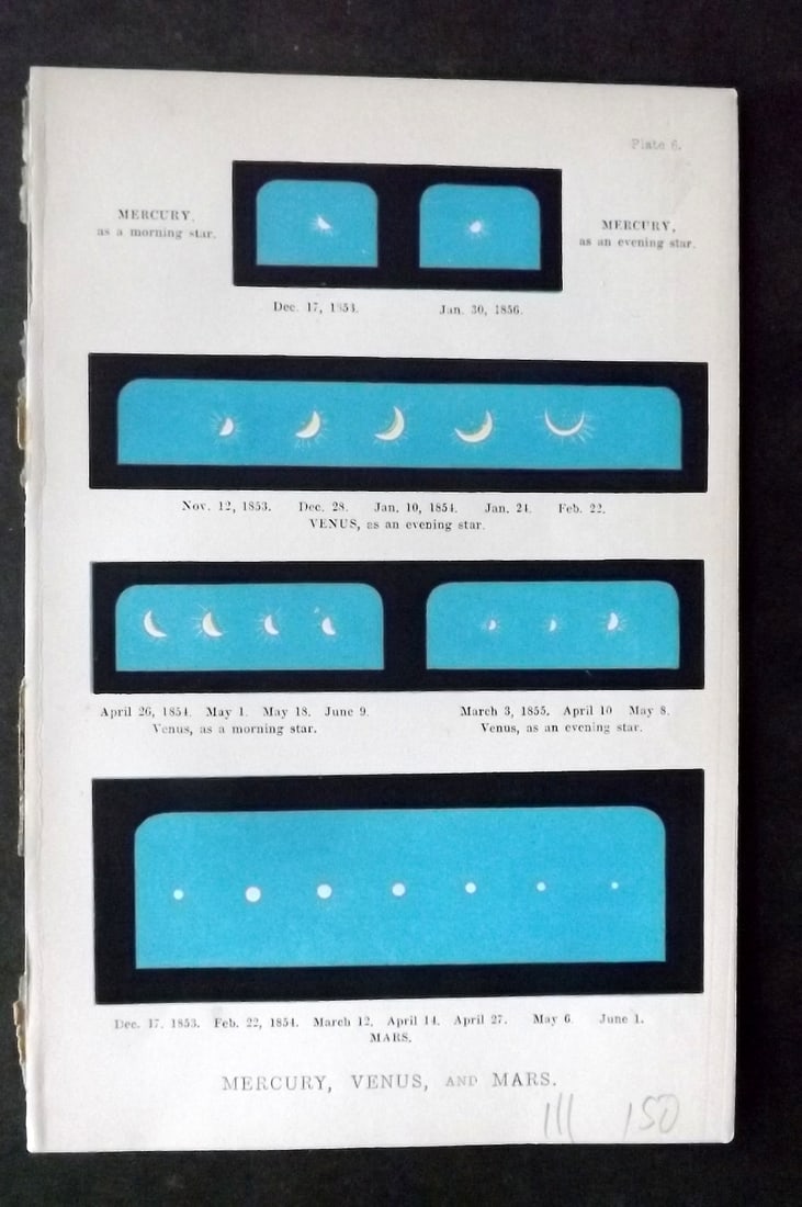 Ward, Mrs Mary 1869 Astronomy Print. Mercury, Venus and Mars: Color Printed Woodblock Published 1869, Londom for "The Telescope: A Familiar Sketch?" by Mrs Mary Ward. Paper Size: 7 x 4.5 inch (18 x 12cm) Good Condition