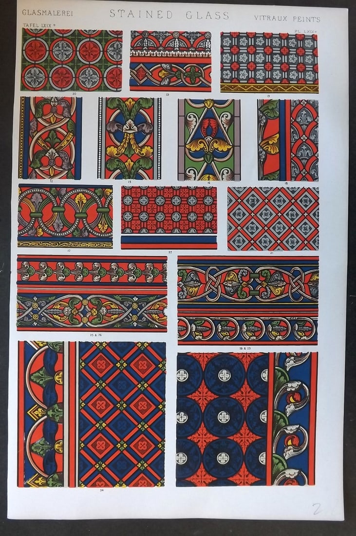 Jones, Owen 1910 Folio Design Print. Stained Glass PL 69A: Chromolithograph Published 1910 by Bernard Quaritch, London for "The Grammar of Ornament" by Owen Jones. Paper Size: 13 x 9 inch (33 x 23cm) Good Condition